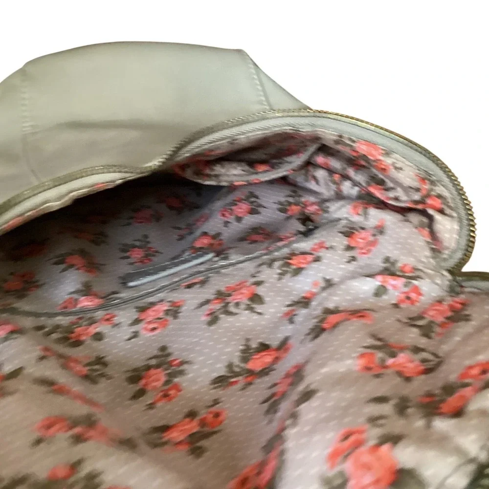 Joy Susan Taupe Vegan Leather Backpack Floral Lining Small Travel Bag Gray Zip